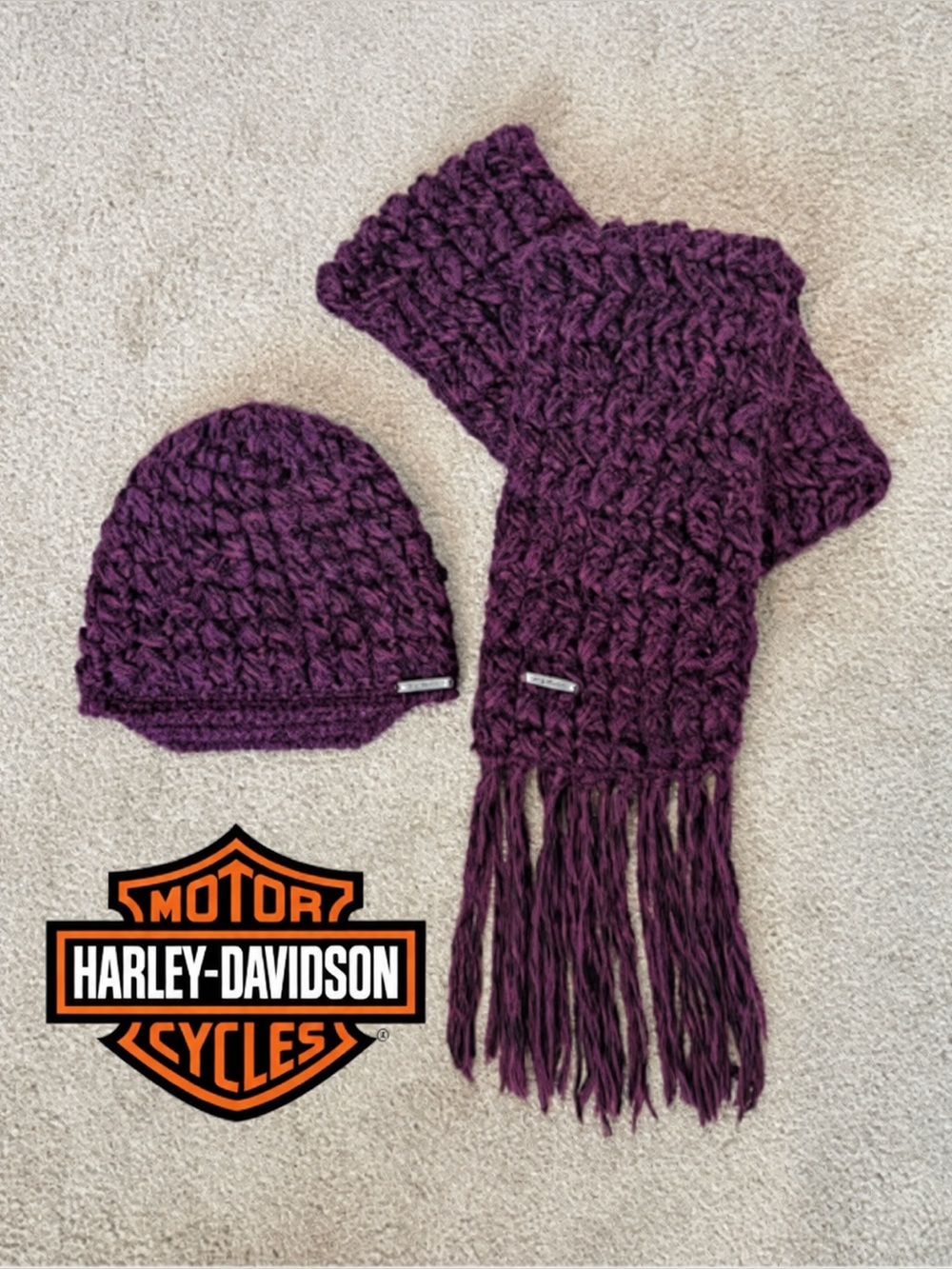 Harley Davidson Scarf Set Women’s Chunky Knit Purple Beanie and Fringe